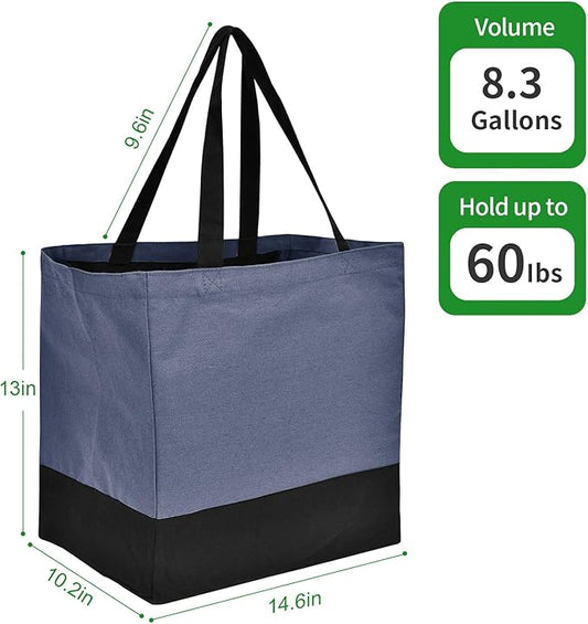 Canvas Reusable Grocery Bags Heavy Duty, 8.3 gal Foldable Large Canvas Tote Bag with Handles, Holds 60 lbs Canvas Shopping Bags, 3 Pack