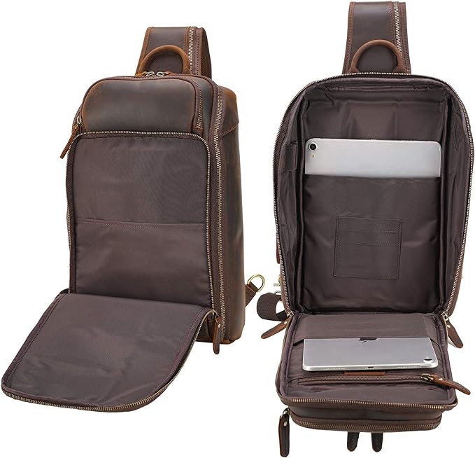 Polare Modern Style Sling Shoulder Bag Men’s Travel/Hiking Daypack with Full Grain Italian Leather and YKK Zippers