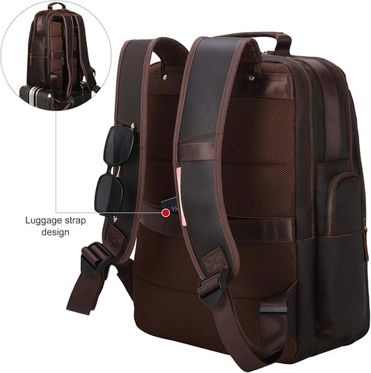 TIDING Full Grain Leather 17.3 Inch Laptop Backpack for Men Large Capacity Travel Weekender Camping Daypack Rucksack