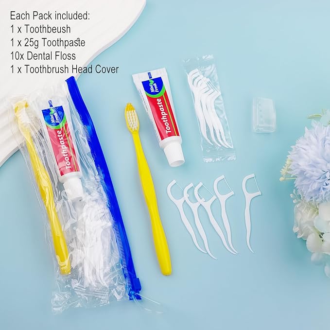 10 pcs Disposable Toothbrushes with Toothpaste and Floss Set,Yellow Individually Wrapped Bulk Single Use Toothbrush Floss Cover Travel Toothbrushes Kit with Zip Bag for Homeless,Hotel,Guest