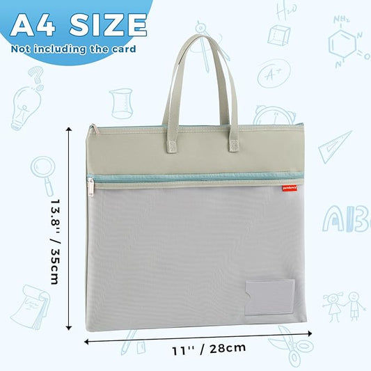 Pendancy Mesh Zipper Pouch A4 Size, Large Double Pocket Waterproof File Bag with Handle, 11x13.8 in Foldable Document Storage for Puzzle Project/Cross Stitch/Travel/Office(Advanced Green)