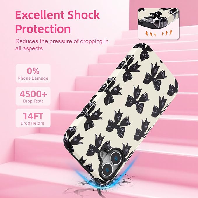 QLTYPRI Case for iPhone 16, Aesthetic Black Ribbon Bow Phone Case for Girls Women, Protective Hybrid 2-Layer Hard Shell Silicone Cover Durable Shockproof Phone Cover - Beige