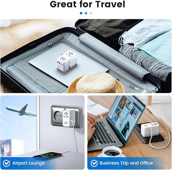 Universal Travel Adapter, for GaN 100W International Power Adapter Built-in Type-c Cable Fast Charging & 4 USB Charging Ports, All-in-One Wall Charger for US to Europe EU UK AUS White