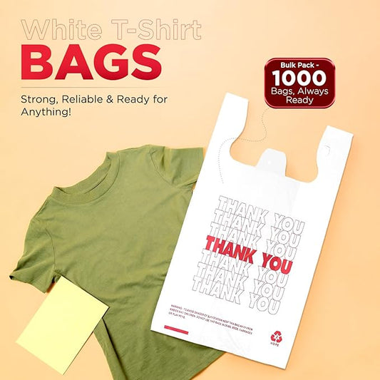 Infinite Pack Plastic Bags Thank You (1000 Count) | White Grocery Bags with Handles | T-shirt bags for small business