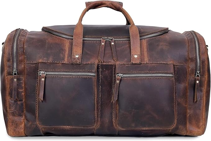 28" Vintage Duffel Classic Style with Modern Outlook Retro Thick Full Grain Cowhide Handmade Airplane Underseat Carry On Bags Leather Gym Overnight Luggage Bag