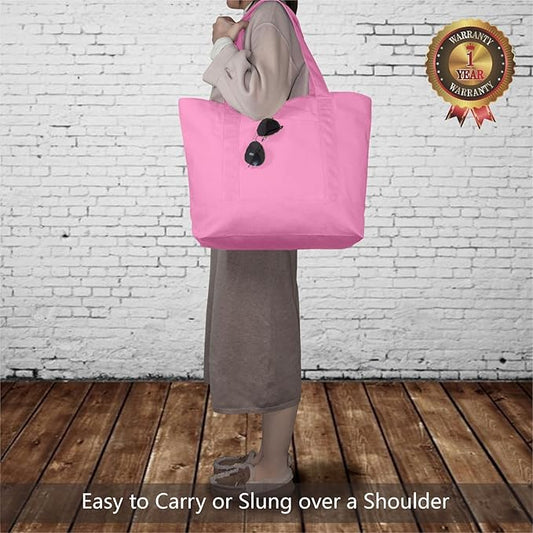 TOPDesign 3-Pack Canvas Tote Bags with an External Pocket, Reusable Grocery Shopping Bags, Top Zipper Closure, Daily Essentials (Pink)