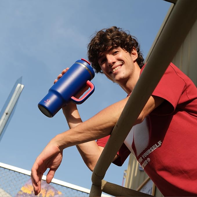 40 oz Tumbler with Handle and Straw: Stainless Steel Insulated Tumbler Keeps Cold for 24 Hours, Leakproof Travel Cup Fits in Cup Holder and BPA-Free, Beaucoup Blue