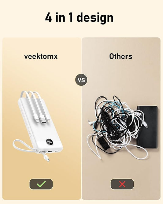 VEEKTOMX Portable Charger with Built-in Cables, 20000mAh Power Bank for iPhone, Fast Charging USB C Battery Pack, Travel Essentials Powerbank Compatible with iPhone, Samsung, Android, etc