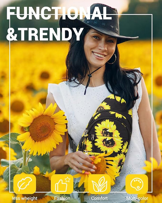 Crossbody Bags for Women, Sling Bag for Men, Small Hiking Backpack Anti Theft Lightweight for Outdoors Travel (M, Sun Flower)