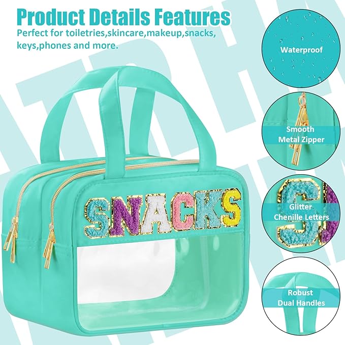 Chenille Letter Clear Makeup Bags, Snacks Bag for Travel, Preppy Patch Nylon Cosmetic Bag with Handles and Zipper, Waterproof Large Clear Travel Toiletry Bag Storage Bag for Women Green