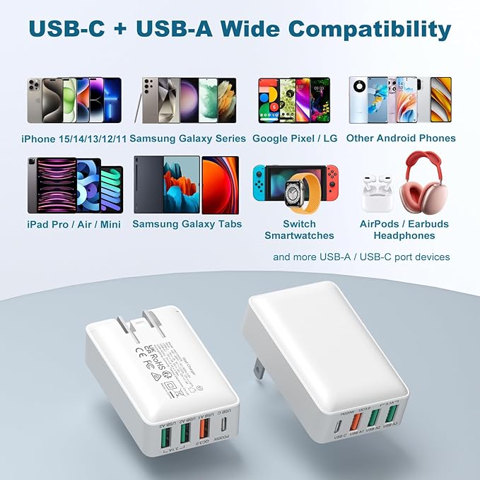 Flat USB C Charger Block, OKRAY 4-Port 40W Fast Charging Brick Foldable Wall Plug, QC&PD3.0 Multiport Slim Travel Power Adapter Type C Phone Charger for iPhone 16 15 14 13 12 Pro, iPad, AirPods,iwatch