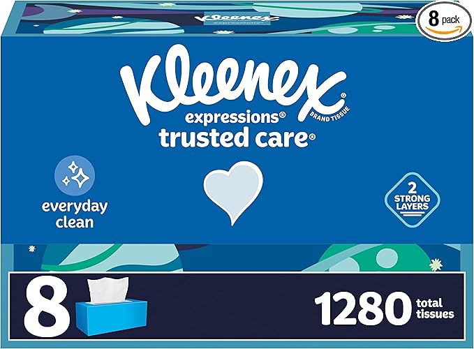 Kleenex Expressions Trusted Care Facial Tissues, 8 Flat Boxes, 160 Tissues per Box, 2-Ply (1,280 Total Tissues), Packaging May Vary
