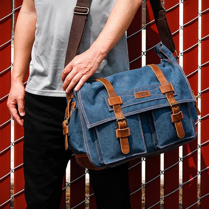 Messenger Bag for Laptop Vintage Canvas Leather Crossbody Satchel Shoulder Computer Bag Travel Office Messenger Bag