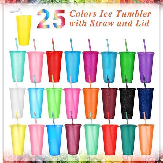 Honeydak 100 Pack Tumbler with Straw and Lid Bulk Glitter Plastic Cups Water Bottle Iced Coffee Travel Mug Reusable Party Favor Cups for Birthdays travel 24-27 oz (Vintage Color)