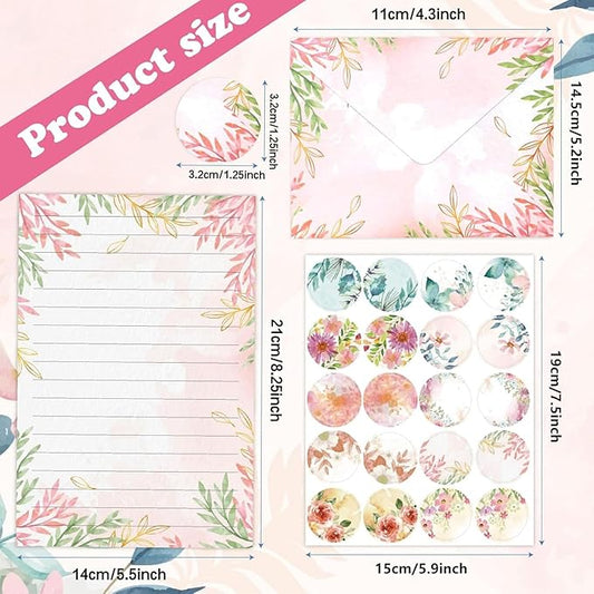 160 Pcs Stationery Paper Envelopes Set Includes 50 Lined Writing Paper & 50 Envelopes with 60 Colorful Round Dot Stickers, Cute Vintage Floral Letter Writing and Stationery Paper Envelopes(10Style)