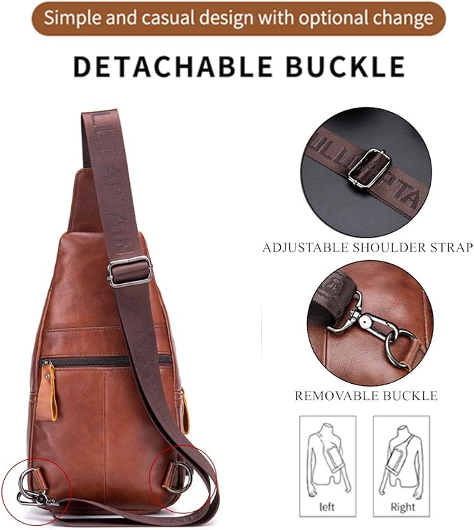 BULLCAPTAIN Genuine Leather Sling Bag with USB Charging Port Multi-pocket Chest Bag for Men Hiking Travel Daypack XB-129