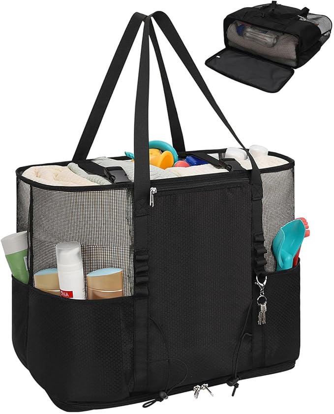 Mesh Beach Bag, Extra Large Beach Bags for Women, Lightweight Foldable Sandproof Tote Bag for Family & Vacation