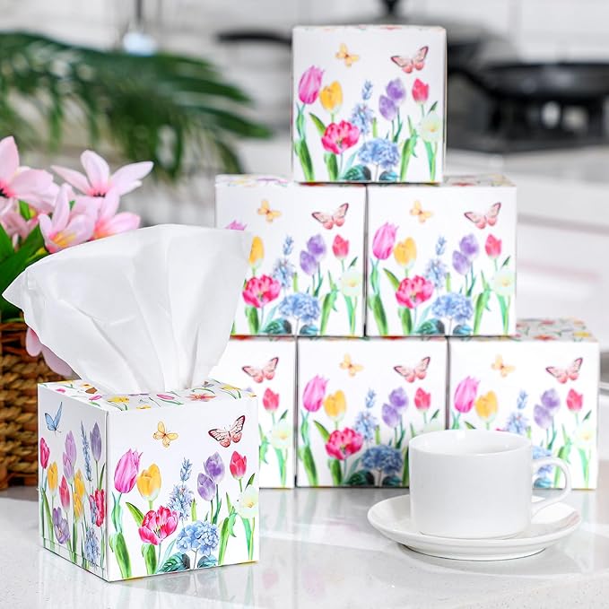 12 Pack Facial Tissues Cube Face Boxes 600 Sheets 3 Ply Small Square Tissues Bulk for Car Bedroom Supplies(Tulips)