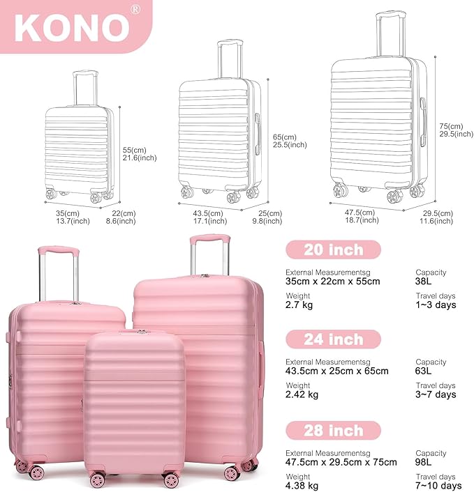 Kono Expandable 28 Inch Large Checked Luggage: ABS+PC Hardside Trolley Travel Case - Hard Shell Suitcase with TSA Lock, Cream/Pink