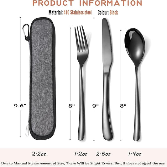 MURRI&MURRDI Stainless Steel Cutlery Set for 1, Reusable Flatware Set with Case,3 Piece Black Utensils Set for Work, Knife Fork Spoon