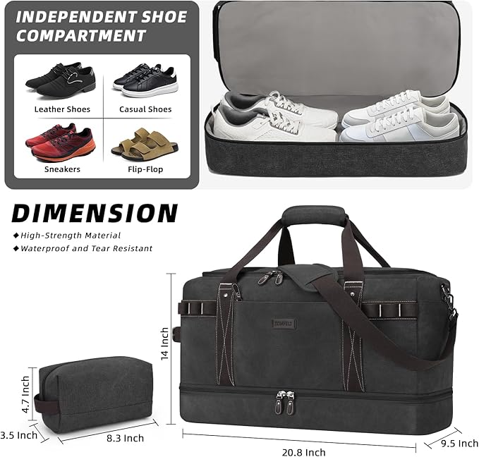 ZOMFELT Travel Duffle Bag for Men, 45L Waterproof Canvas Overnight Duffel Bag with Removable Dividers & Shoe Compartment, Carry On Weekender Gym bag, Multi-Pocket & Vintage Design (Washed Black)