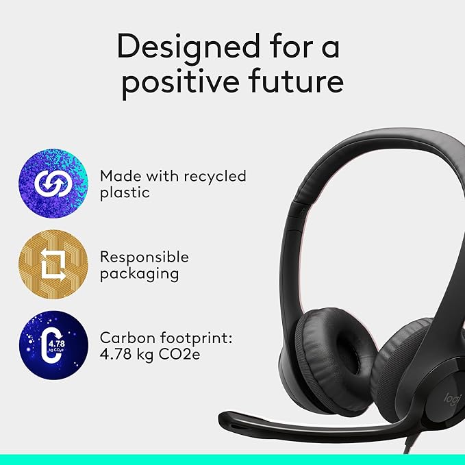 Logitech H390 Wired Headphones with Mic, USB Headset with Microphone for PC, Noise Cancelling Microphone for Video Meetings, Music, Gaming - Black