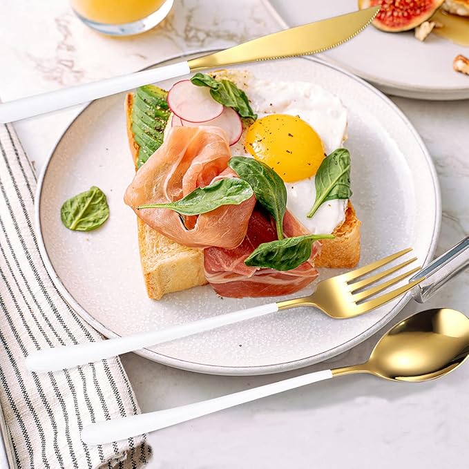 AARAINBOW 6 Pieces 18/8 Stainless Steel Flatware Set Portable Reusable Cutlery Set Travel Utensils Set Including Chopsticks Knife Fork Spoon Straws Cleaning Brush Dishwasher Safe (White golden)