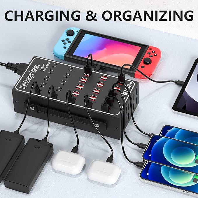Multiple USB Charging Station, RUANSZZ 50 Port 250 Watt (50A) USB~C Charger Block with Power Switch, Multiple USB Desktop Charger Station, Suitable for Shops, Hotels, Schools, Shopping malls