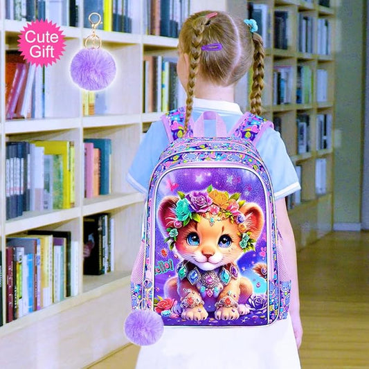 3Pcs Backpack for Girls, 16" Lion Kids Bookbag for Elementary Preschool Kindergarten, School Backpacks with Lunch Box(Purple)