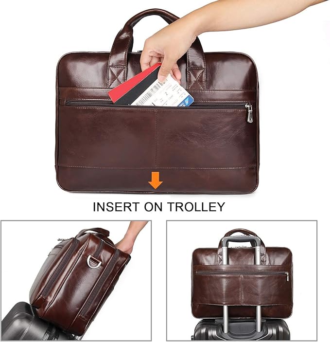 Augus Leather Briefcases for Men, Waterproof Travel Messenger Duffle Bags 17 Inch Laptop Bag YKK Zipper (cofee-1)