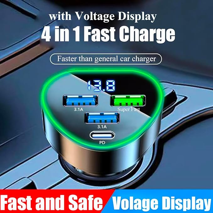 Multi Port USB C Car Phone Charger Adapter 4 in 1 with Voltage Display Super Fast Cigarette Lighter USB Charge with Volt Meter for iPhone 16/15/14/13/12 Galaxy Android Phones