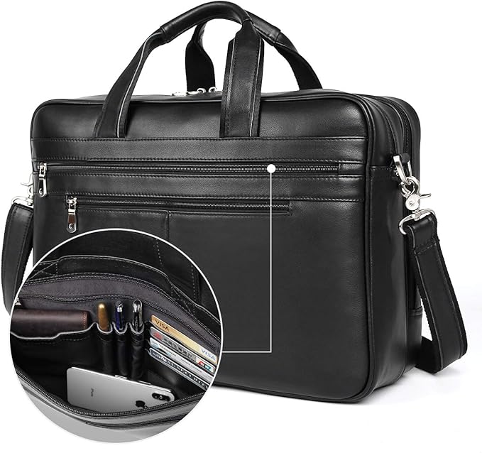 Augus Business Travel Briefcase Genuine Leather Duffel Bags for Men Laptop Bag fits 15.6 inches Laptop YKK Zipper (Black)