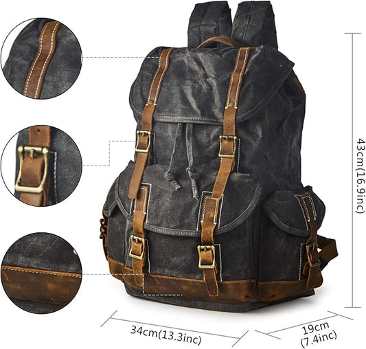 Heavy Duty Waxed Canvas Vintage Backpack for Men Women Trim Casual 15.6" laptop Bookbag Travel Rucksack Shoulder Rucksack for Travel