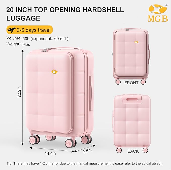 MGB 20 Inch Expandable Carry On Luggage with Wheels PC Hard Shell Suitcase Top Opening Travel Luggage Suitcases for Woman Men Gifts (Pink)