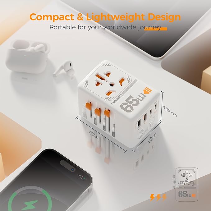 TESSAN Universal Travel Adapter, 65W GaN International Plug Adaptor with 4 USB(2 USB C) Charging Ports, Worldwide Power Outlet for US to European EU UK AUS Ireland(Type C/G/A/I)
