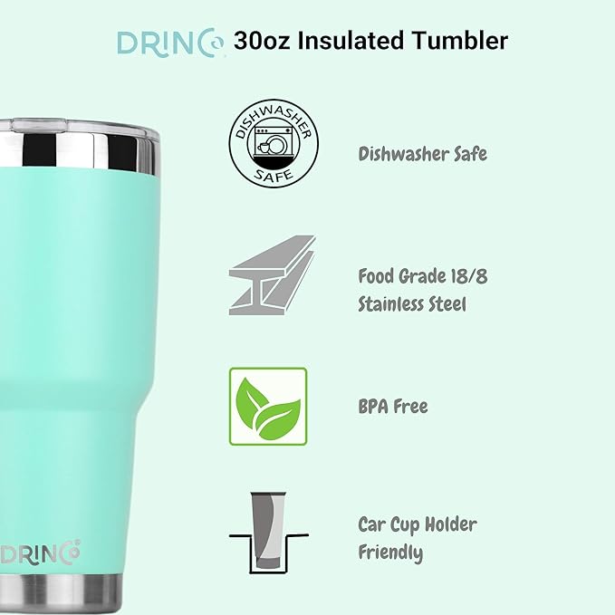 Drinco - 30 oz Stainless Steel Tumbler | Double Walled Vacuum Insulated Mug With Lid, 2 Straws, For Hot & Cold Drinks (30oz Teal, 30oz)