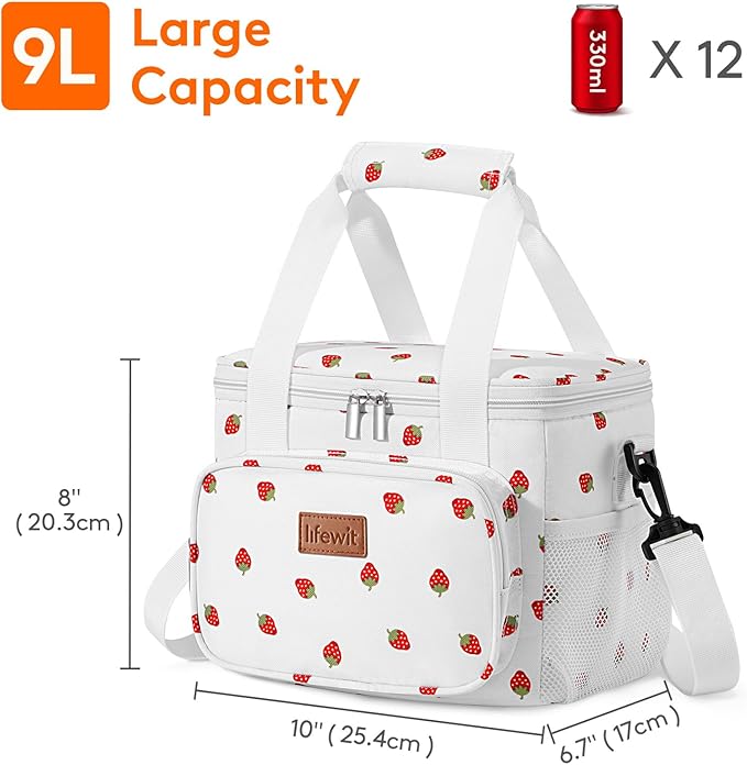 Lifewit Medium Lunch Bag Insulated Lunch Box Soft Cooler Cooling Tote for Adult Men Women, Strawberry 12-Can (9L)
