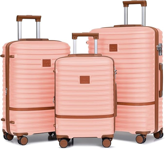 Joyway Luggage Set 3 Piece Suitcase Sets with Spinner Wheel,Hardside Expandable Travel Laggage with TSA Lock (13/20/24/28 Pink brown