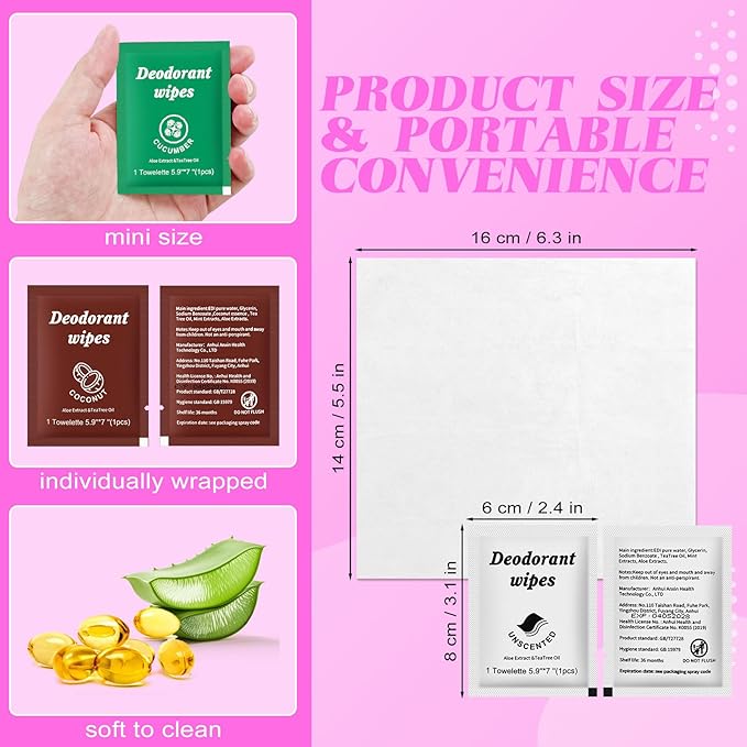 Travel Deodorant Wipes Individually Wrapped,Body Wipes to Clean Skin for Women Men(Lavender,Unscented, Coconut Cucumber,pack of 40)