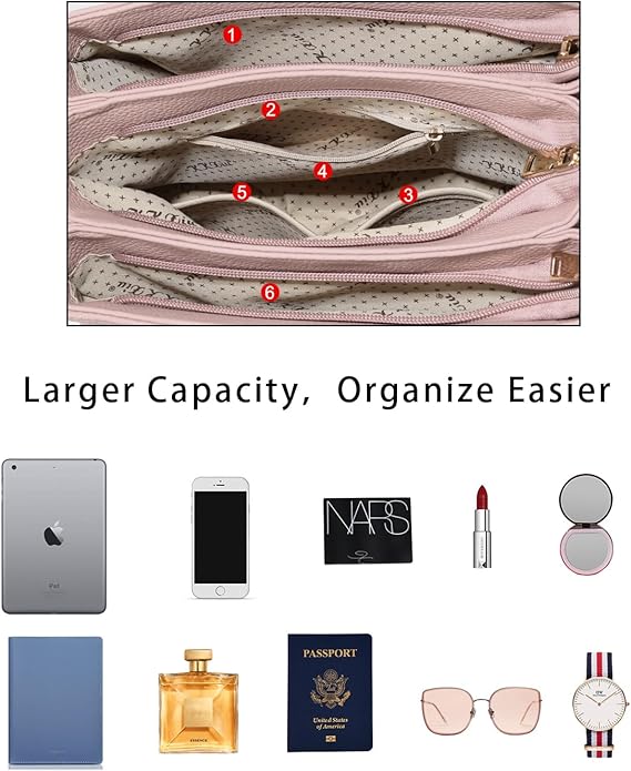 KKXIU Women Satchel Bags Handle Shoulder Handbags and Purses Pockets Zipper Leather Crossbody Bags