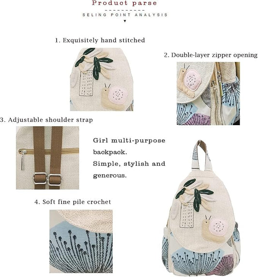 HUANGGUOSHU Women Cotton Woven Hippie Hemp Boho Canvas Embroidery Multi Pocket Retro Cute Backpack Wallet Backpack(Snails)