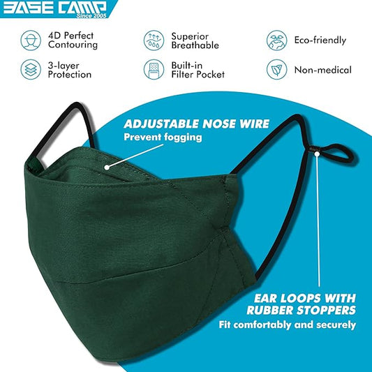 BASE CAMP Reusable Cloth Dust Face Masks 100% Cotton Washable Adjustable Breathable Fabric Mask with Filter Pocket