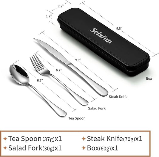 4-pieces Travel Set with Case Portable Silverware Utensils Set for work, Stainless Steel Reusable Flatware Set Cutlery Set for Camping Picnic Hiking Office (6.7inch, Silver)