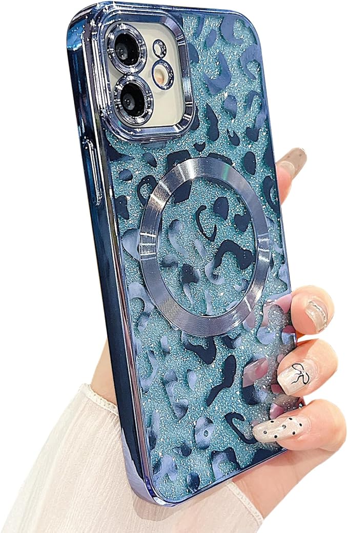 for iPhone 11 Case Magnetic,Soft Cute Luxury Leopard Cheetah Pattern Plating Glitter Bling Phone Case Compatible with MagSafe Clear Shockproof Back Cover for Women Girl 6.1"-Blue