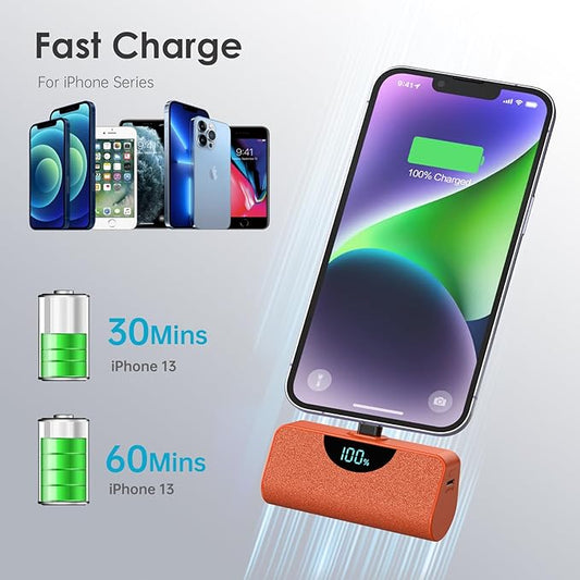 Mini Portable Charger Power Bank for iPhone, 5200mAh External Battery Charging Bank, 20W PD Fast Charging Battery Pack Portable Phone Charger for iPhone 14 Pro Max/14/13/12/11/XR/X/8/7/6/SE(Tangerine)