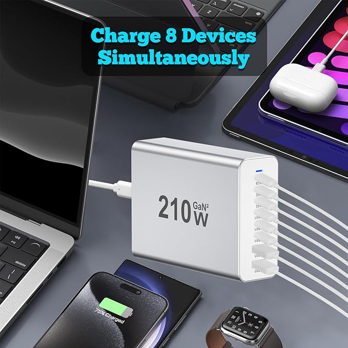 USB C Charger 210W Block, GaN 8-Port USB-C PD Fast Charging Station Desktop Hub, PD65W Laptop Charge Adapter Compatible with MacBook Pro/Air/DELL/Steam Deck/iPhone 16/15/Galaxy S22/S23