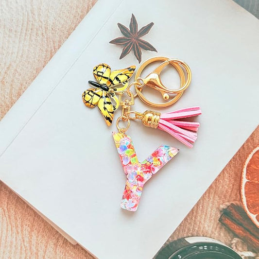 Cute Initial Letter Keychains for Girls Women with Tassel Butterfly Colourful Alphabet Keychain for Backpacks