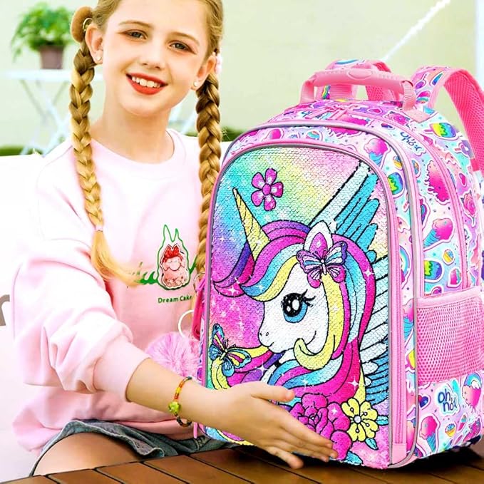 3PCS Unicorn Backpack for Girls, 16" Sequins Bookbag with Lunch Box,Kids School Bags for Elementary Preschool Kindergarten (Pink)