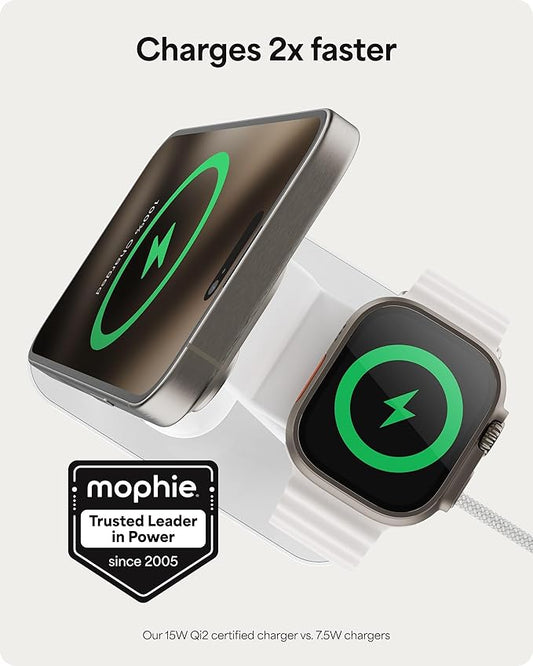 Mophie Snap+ 3-in-1 Wireless Charging Stand - MagSafe & Qi2 Certified, Compatible w/iPhone 17/16/15/14/13/12, Apple Watch, AirPods - Multi-Device Magnetic Charging Station, Eco-Friendly Design, White
