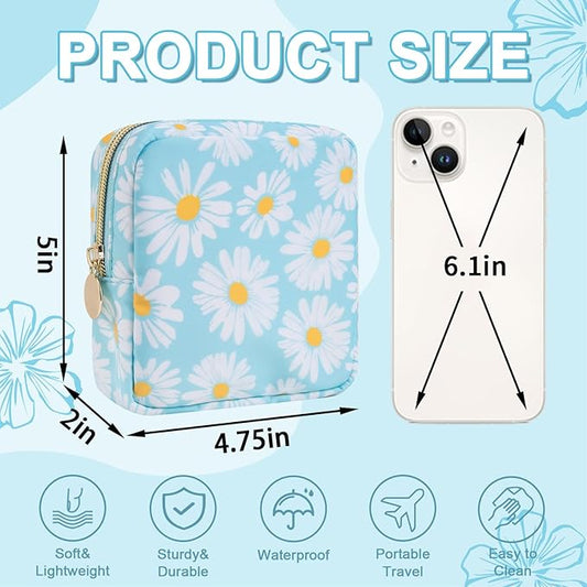 Waterproof Mini Floral Makeup Bag Pouch for Purse,Nylon Flower Cosmetic Travel Bag Small Preppy Toiletry Organizers Bag for Women Girl,Cute Zipper Pouch Coin Purse for Work(Mini Blue-Daisy)